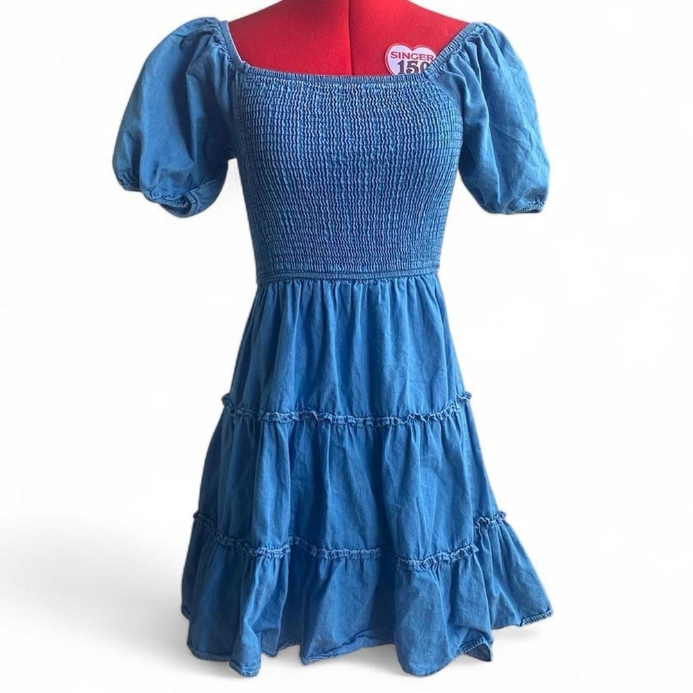 Smocked Blue Mini Dress with Puff Sleeves